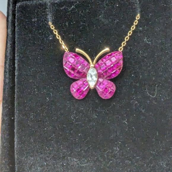 750/18K YG Invisible set Rubies and Diamond Butterfly Necklace - Picture 13 of 16